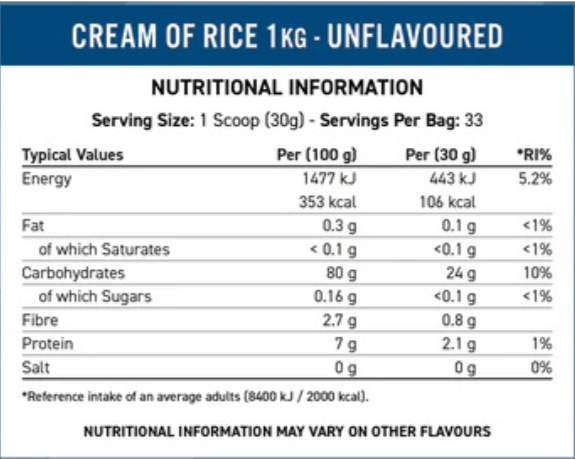 applied nutrition Cream of rice 1kg fact